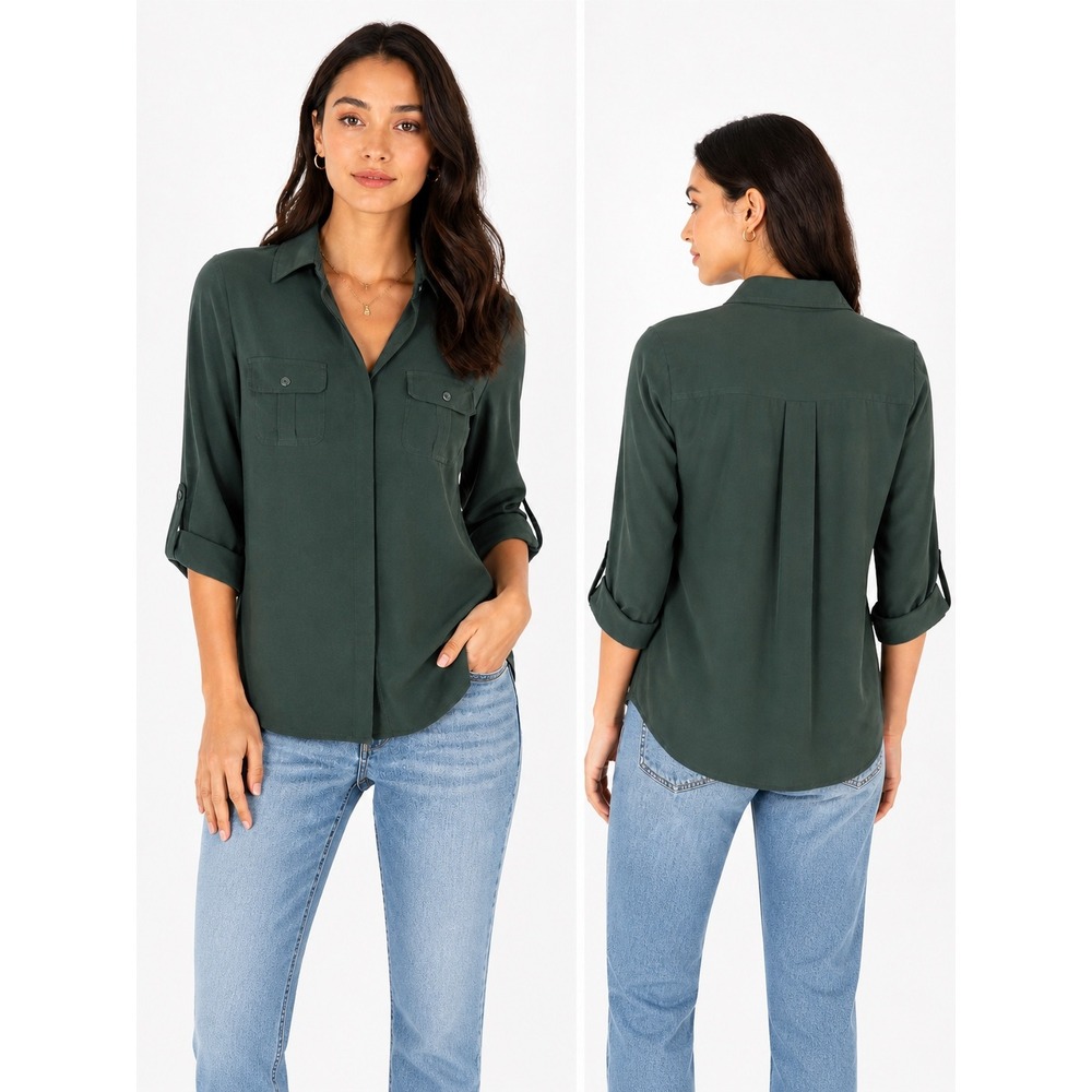 Chico's Button Down Blouse Womens 1 Medium Green Roll Tab Utility Safari Top‎